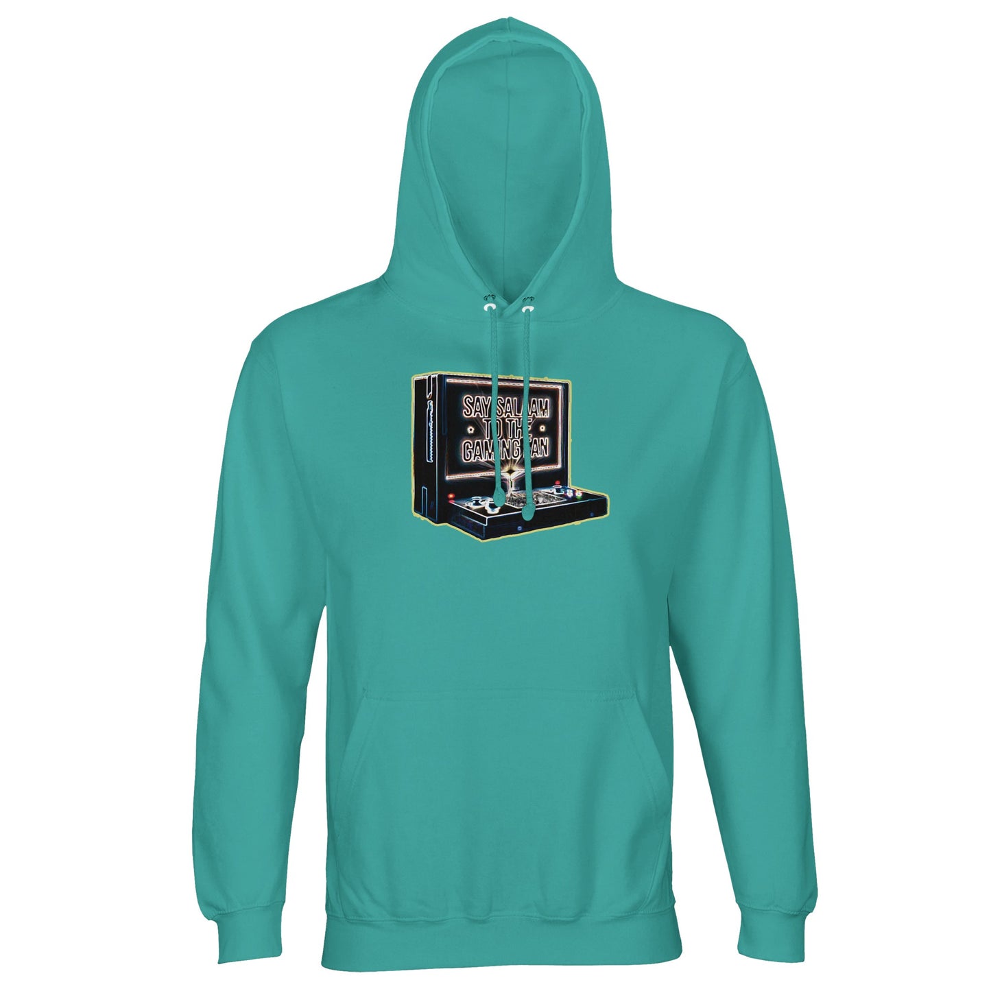 Say Salaam to the Gaming Fan Design #3 light unisex cotton-poly hoodie in Pool Blue. Built from 80% cotton and 20% recycled polyester brushed fleece, this Muslim and Islamic gaming hoodie combines comfort, modest style and sustainable fashion. Ideal for esports tournaments, console sessions and halal gamer communities who represent Islamic values confidently. A peaceful, faith-inspired hoodie for Muslim gaming fans balancing online competition with real-world discipline.