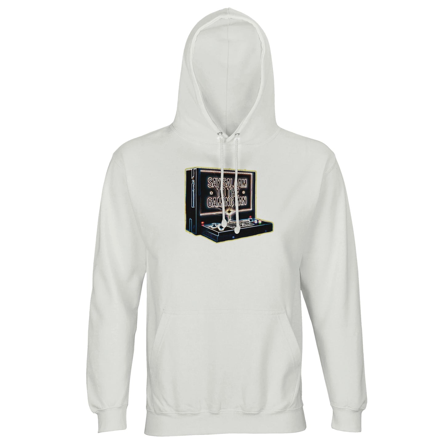 Say Salaam to the Gaming Fan Design #3 light unisex cotton-poly hoodie in White. An 80% cotton and 20% recycled polyester brushed fleece Islamic and Muslim gamer hoodie offering warmth, durability and modest comfort. Created for console enthusiasts, esports competitors and halal lifestyle players who represent faith with confidence. Ideal for Muslim gamers balancing prayer times with online matches, this sustainable hoodie blends ethical fashion, Islamic identity and peaceful gaming culture.