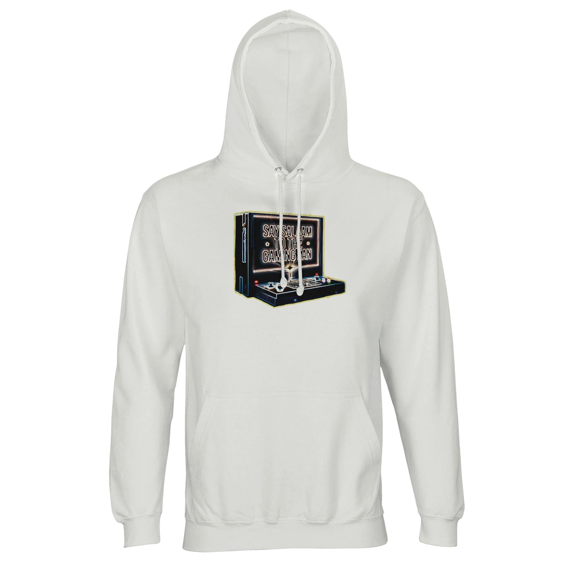 Say Salaam to the Gaming Fan Design #3 light unisex cotton-poly hoodie in White. An 80% cotton and 20% recycled polyester brushed fleece Islamic and Muslim gamer hoodie offering warmth, durability and modest comfort. Created for console enthusiasts, esports competitors and halal lifestyle players who represent faith with confidence. Ideal for Muslim gamers balancing prayer times with online matches, this sustainable hoodie blends ethical fashion, Islamic identity and peaceful gaming culture.