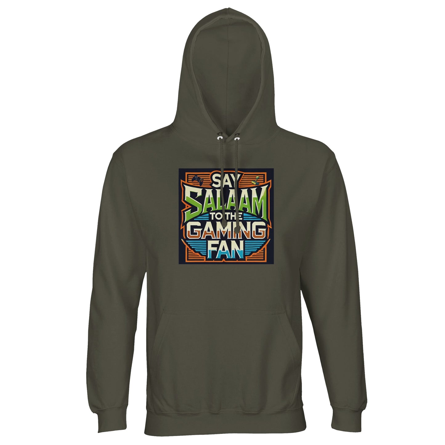 Army / Fuscous Grey Islamic unisex hoodie featuring Say Salaam to the Gaming Fan Design #1 print. Muslim gamer streetwear made from 80% cotton and 20% recycled polyester with soft brushed fleece interior and 280gsm structure. Eco-conscious modest hoodie for esports events, LAN parties, console battles and Muslim youth meetups. Fuses Islamic lifestyle and gaming passion, designed for gamers who represent their faith and greet with salaam in every lobby.