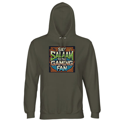 Army / Fuscous Grey Islamic unisex hoodie featuring Say Salaam to the Gaming Fan Design #1 print. Muslim gamer streetwear made from 80% cotton and 20% recycled polyester with soft brushed fleece interior and 280gsm structure. Eco-conscious modest hoodie for esports events, LAN parties, console battles and Muslim youth meetups. Fuses Islamic lifestyle and gaming passion, designed for gamers who represent their faith and greet with salaam in every lobby.