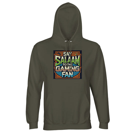 Army / Fuscous Grey Islamic unisex hoodie featuring Say Salaam to the Gaming Fan Design #1 print. Muslim gamer streetwear made from 80% cotton and 20% recycled polyester with soft brushed fleece interior and 280gsm structure. Eco-conscious modest hoodie for esports events, LAN parties, console battles and Muslim youth meetups. Fuses Islamic lifestyle and gaming passion, designed for gamers who represent their faith and greet with salaam in every lobby.