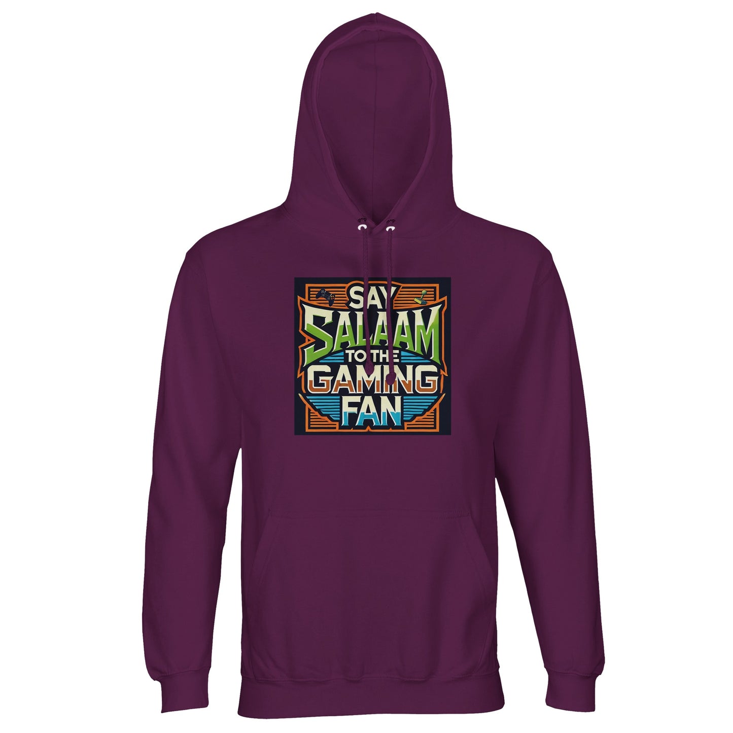 Astral Purple / Wine Berry / Reddish Magenta Islamic unisex hoodie featuring Say Salaam to the Gaming Fan Design #1 print. Muslim gamer apparel crafted from 80% cotton and 20% recycled polyester with brushed fleece comfort and 280gsm structure. Sustainable modest streetwear for esports tournaments, console gaming, streaming platforms and Islamic community events. Expresses bold gaming character and Muslim faith for players who greet every lobby with salaam.