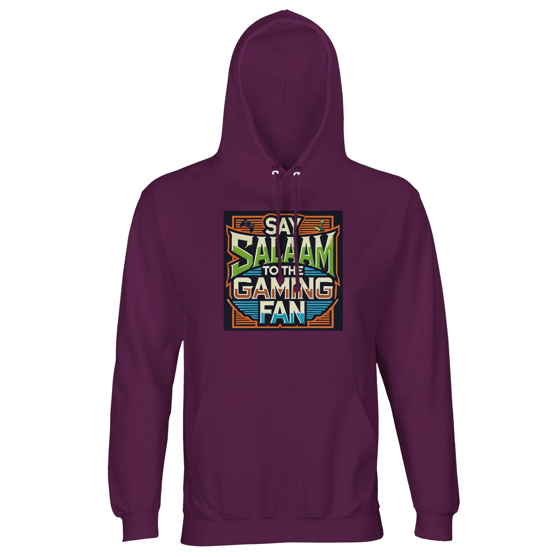 Astral Purple / Wine Berry / Reddish Magenta Islamic unisex hoodie featuring Say Salaam to the Gaming Fan Design #1 print. Muslim gamer apparel crafted from 80% cotton and 20% recycled polyester with brushed fleece comfort and 280gsm structure. Sustainable modest streetwear for esports tournaments, console gaming, streaming platforms and Islamic community events. Expresses bold gaming character and Muslim faith for players who greet every lobby with salaam.