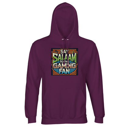 Astral Purple / Wine Berry / Reddish Magenta Islamic unisex hoodie featuring Say Salaam to the Gaming Fan Design #1 print. Muslim gamer apparel crafted from 80% cotton and 20% recycled polyester with brushed fleece comfort and 280gsm structure. Sustainable modest streetwear for esports tournaments, console gaming, streaming platforms and Islamic community events. Expresses bold gaming character and Muslim faith for players who greet every lobby with salaam.