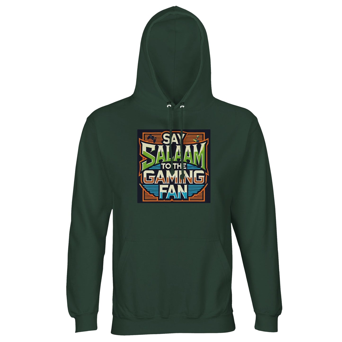 Bottle Green / Outer Space Islamic unisex hoodie showcasing Say Salaam to the Gaming Fan Design #1 graphic. Muslim gamer streetwear made from 80% cotton and 20% recycled polyester with brushed fleece comfort and 280gsm thickness. Eco-friendly modest hoodie for esports tournaments, console play, PC streaming and youth Islamic events. Merges gaming culture and Muslim identity, perfect for gamers who open conversations and competitions with salaam.