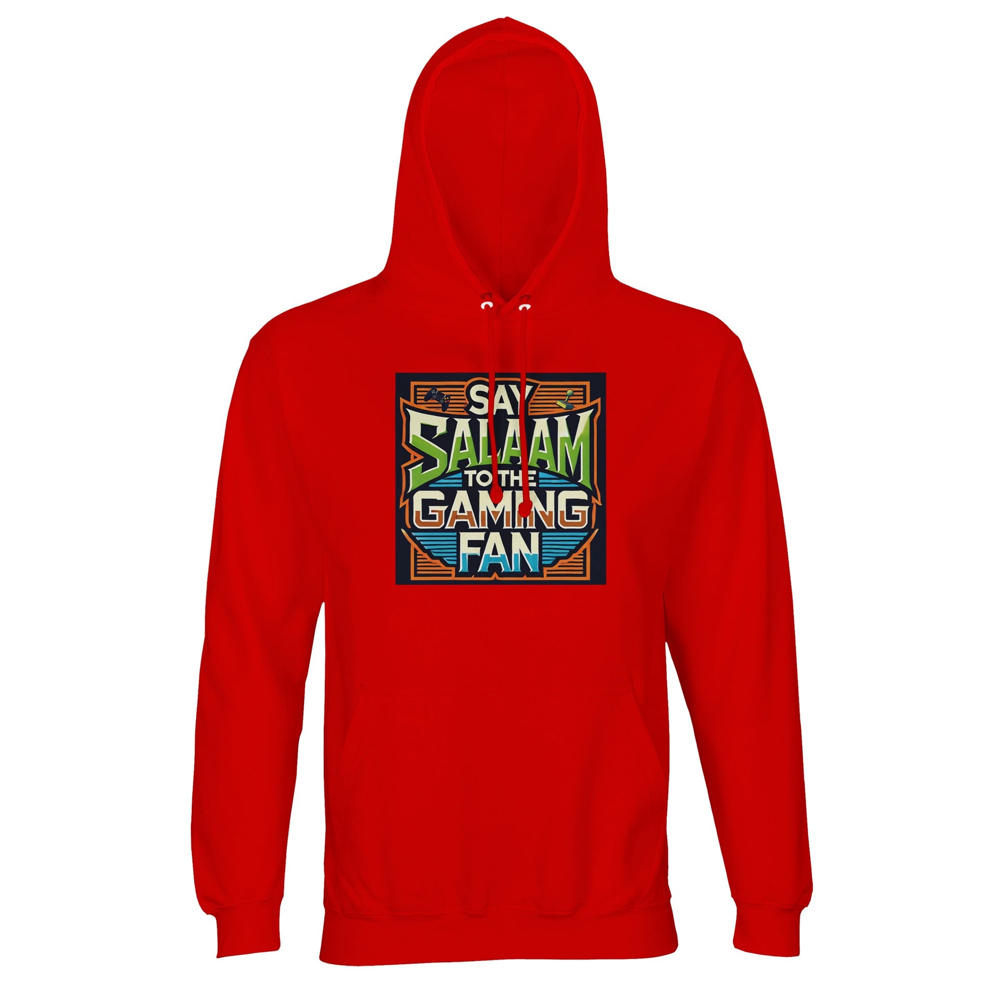 Bright Red / Rosso Corsa Islamic unisex hoodie featuring Say Salaam to the Gaming Fan Design #1 artwork. Muslim gaming apparel crafted from 80% cotton and 20% recycled polyester with brushed fleece lining and durable 280gsm build. Sustainable modest streetwear for esports competitions, console gaming, streaming setups and Muslim community gatherings. Combines bold gaming energy with Islamic identity for players who carry salaam into ranked and casual matches.
