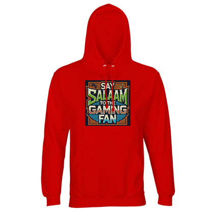 Bright Red / Rosso Corsa Islamic unisex hoodie featuring Say Salaam to the Gaming Fan Design #1 artwork. Muslim gaming apparel crafted from 80% cotton and 20% recycled polyester with brushed fleece lining and durable 280gsm build. Sustainable modest streetwear for esports competitions, console gaming, streaming setups and Muslim community gatherings. Combines bold gaming energy with Islamic identity for players who carry salaam into ranked and casual matches.
