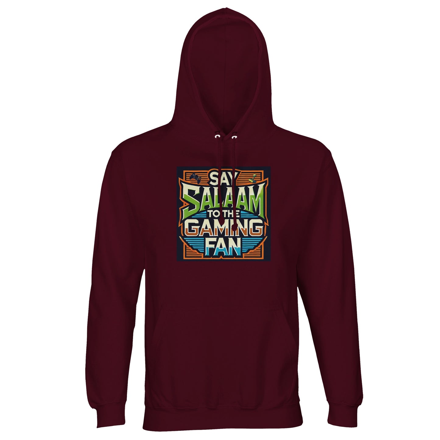 Burgundy / Dark Sienna Islamic unisex hoodie featuring Say Salaam to the Gaming Fan Design #1 design. Muslim gaming streetwear built from 80% cotton and 20% recycled polyester with brushed fleece lining and substantial 280gsm feel. Sustainable modest hoodie for esports leagues, console tournaments, streaming sessions and Muslim gamer communities. Reflects Islamic values and competitive spirit, created for players who greet teammates and rivals alike with salaam.