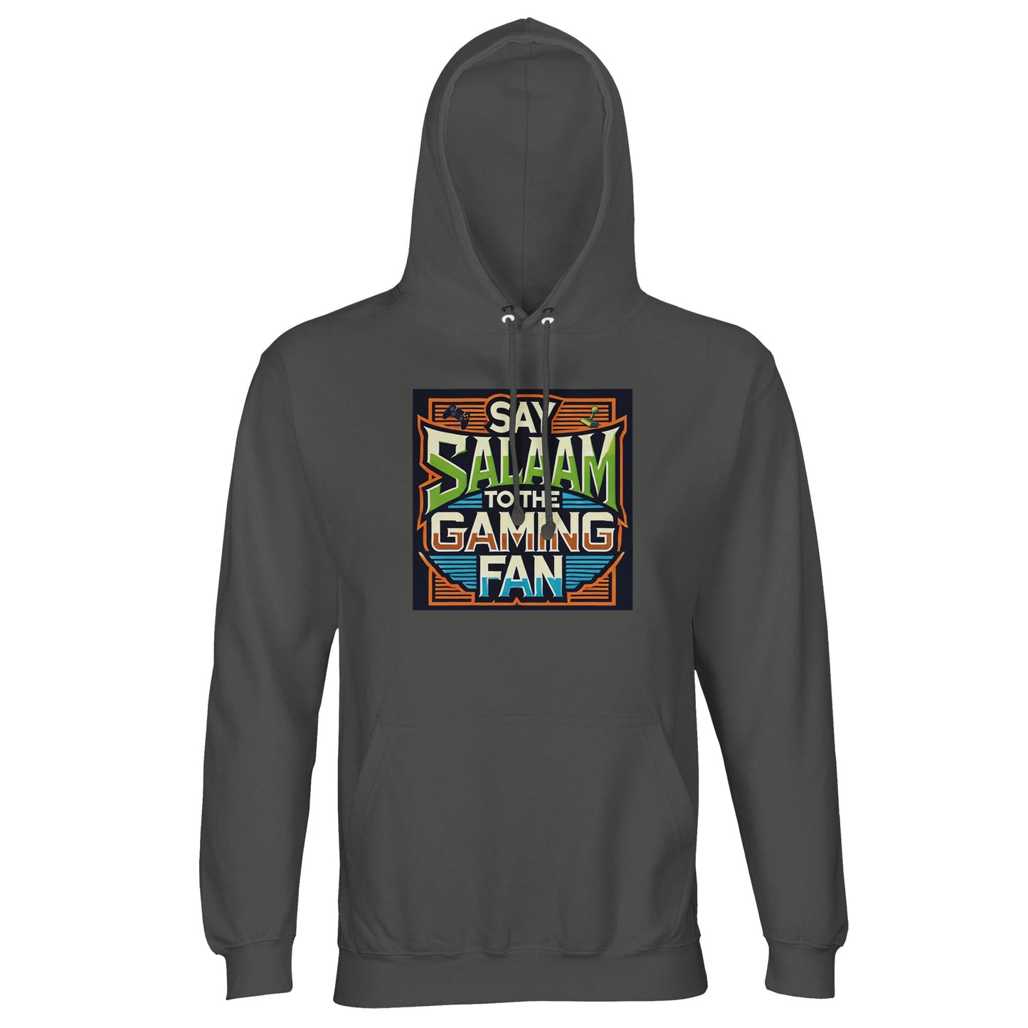 Charcoal Melange / Black Cow Islamic unisex hoodie featuring Say Salaam to the Gaming Fan Design #1 artwork. Muslim gamer streetwear crafted from 80% cotton and 20% recycled polyester with brushed fleece warmth and 280gsm durability. Sustainable modest hoodie suited for esports competitions, console sessions, streaming and Muslim community gaming nights. Connects Islamic culture and gaming lifestyle for players who represent faith and greet with salaam in all spaces.