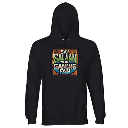 Deep Black / Zeus Islamic unisex hoodie featuring Say Salaam to the Gaming Fan Design #1 graphic. Muslim gaming streetwear crafted from 80% cotton and 20% recycled polyester with brushed fleece lining and 280gsm weight for warmth and structure. Sustainable modest hoodie for esports tournaments, console sessions, PC streaming and community gaming nights. Blends Islamic identity with competitive gaming culture, ideal for players who greet with salaam online and offline.