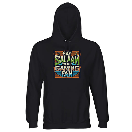 Deep Black / Zeus Islamic unisex hoodie featuring Say Salaam to the Gaming Fan Design #1 graphic. Muslim gaming streetwear crafted from 80% cotton and 20% recycled polyester with brushed fleece lining and 280gsm weight for warmth and structure. Sustainable modest hoodie for esports tournaments, console sessions, PC streaming and community gaming nights. Blends Islamic identity with competitive gaming culture, ideal for players who greet with salaam online and offline.