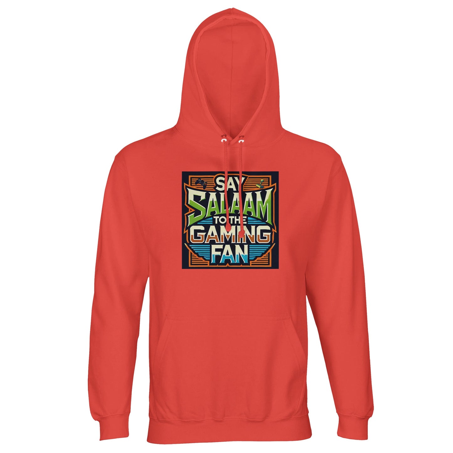 Pop Orange / Jasper / Faded Red Islamic unisex hoodie featuring Say Salaam to the Gaming Fan Design #1 artwork. Muslim gaming streetwear made from 80% cotton and 20% recycled polyester with brushed fleece lining and sturdy 280gsm build. Eco-conscious modest hoodie for esports competitions, console matches, PC streaming and Muslim youth programmes. Celebrates vibrant gaming culture and Islamic identity for players who represent with salaam in every arena.