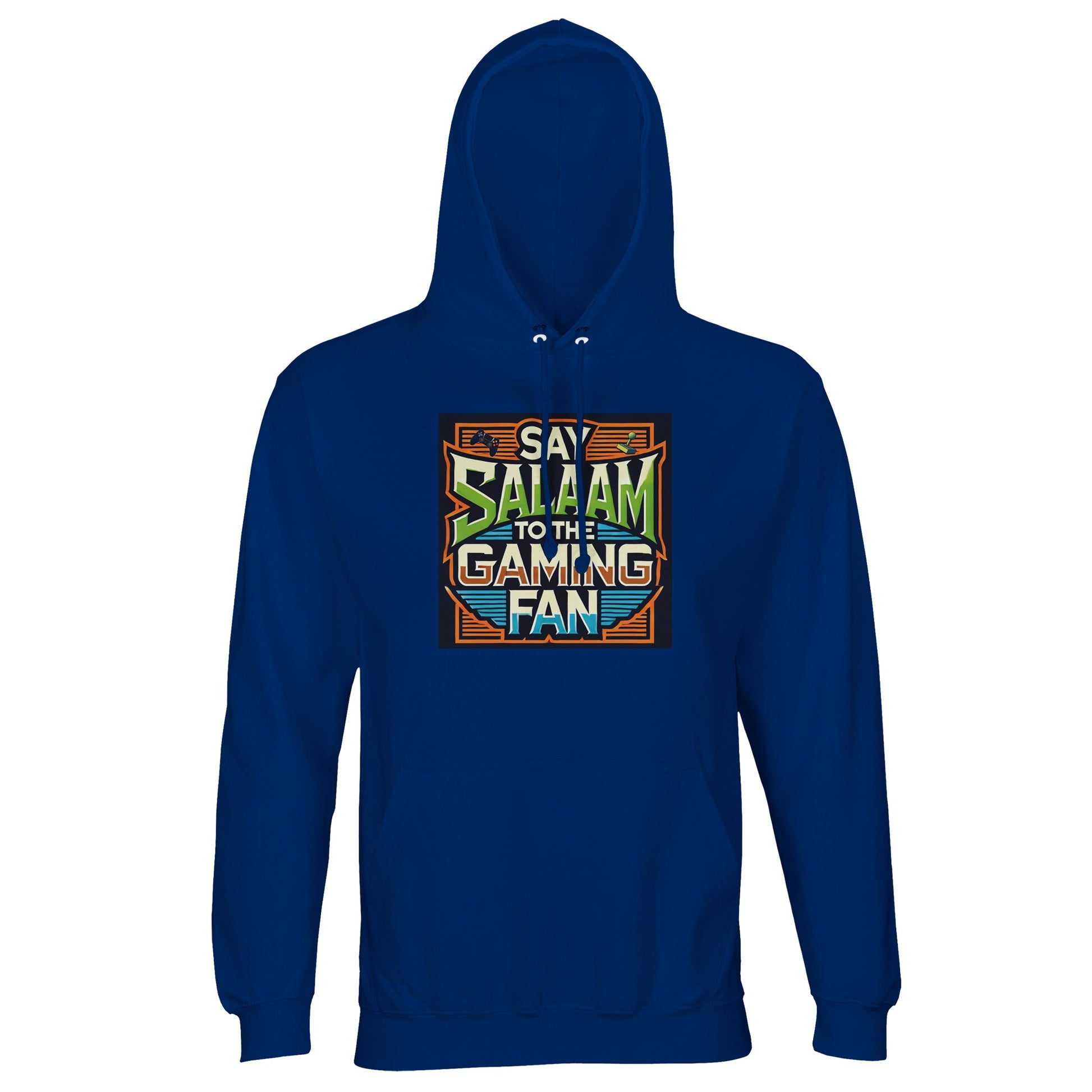 Royal Blue / Dark Midnight Blue Islamic unisex hoodie featuring Say Salaam to the Gaming Fan Design #1 print. Muslim gaming apparel made from 80% cotton and 20% recycled polyester with soft brushed fleece interior and 280gsm structure. Eco-conscious modest hoodie for esports tournaments, console battles, PC gaming and Islamic youth spaces. Blends vibrant gaming style with Muslim identity for players who lead with salaam in every online and offline arena.