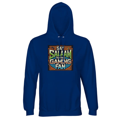 Royal Blue / Dark Midnight Blue Islamic unisex hoodie featuring Say Salaam to the Gaming Fan Design #1 print. Muslim gaming apparel made from 80% cotton and 20% recycled polyester with soft brushed fleece interior and 280gsm structure. Eco-conscious modest hoodie for esports tournaments, console battles, PC gaming and Islamic youth spaces. Blends vibrant gaming style with Muslim identity for players who lead with salaam in every online and offline arena.