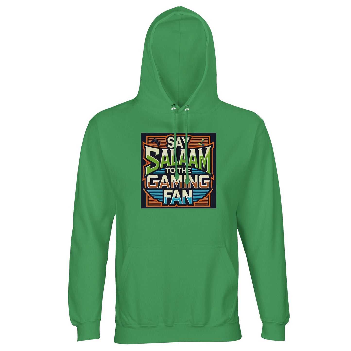 Spring Green / Sea Green / Eucalyptus Islamic unisex hoodie featuring Say Salaam to the Gaming Fan Design #1 graphic. Muslim gaming streetwear made from 80% cotton and 20% recycled polyester with brushed fleece lining and 280gsm weight. Eco-friendly modest hoodie ideal for esports events, console play, PC streaming and Islamic youth gatherings. Unites gaming enthusiasm and Muslim identity for players who bring salaam into competitive and casual matches.
