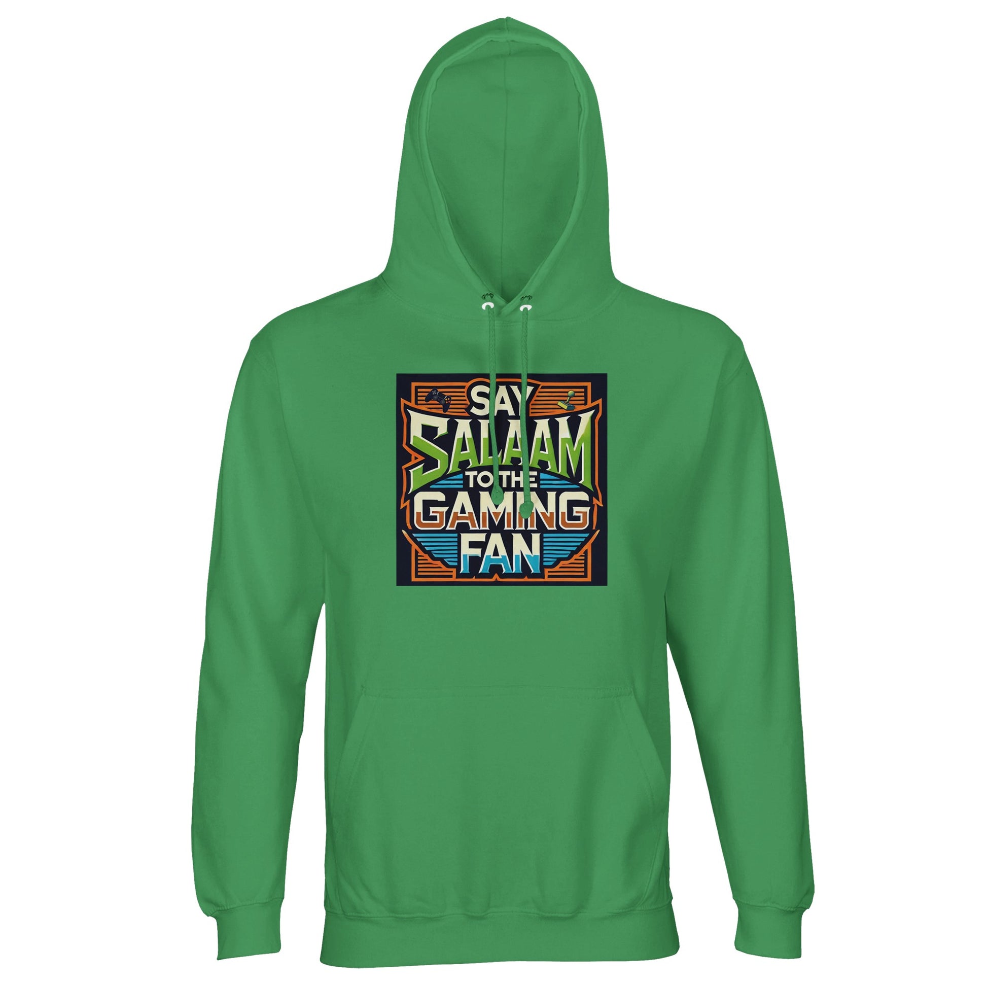 Spring Green / Sea Green / Eucalyptus Islamic unisex hoodie featuring Say Salaam to the Gaming Fan Design #1 graphic. Muslim gaming streetwear made from 80% cotton and 20% recycled polyester with brushed fleece lining and 280gsm weight. Eco-friendly modest hoodie ideal for esports events, console play, PC streaming and Islamic youth gatherings. Unites gaming enthusiasm and Muslim identity for players who bring salaam into competitive and casual matches.