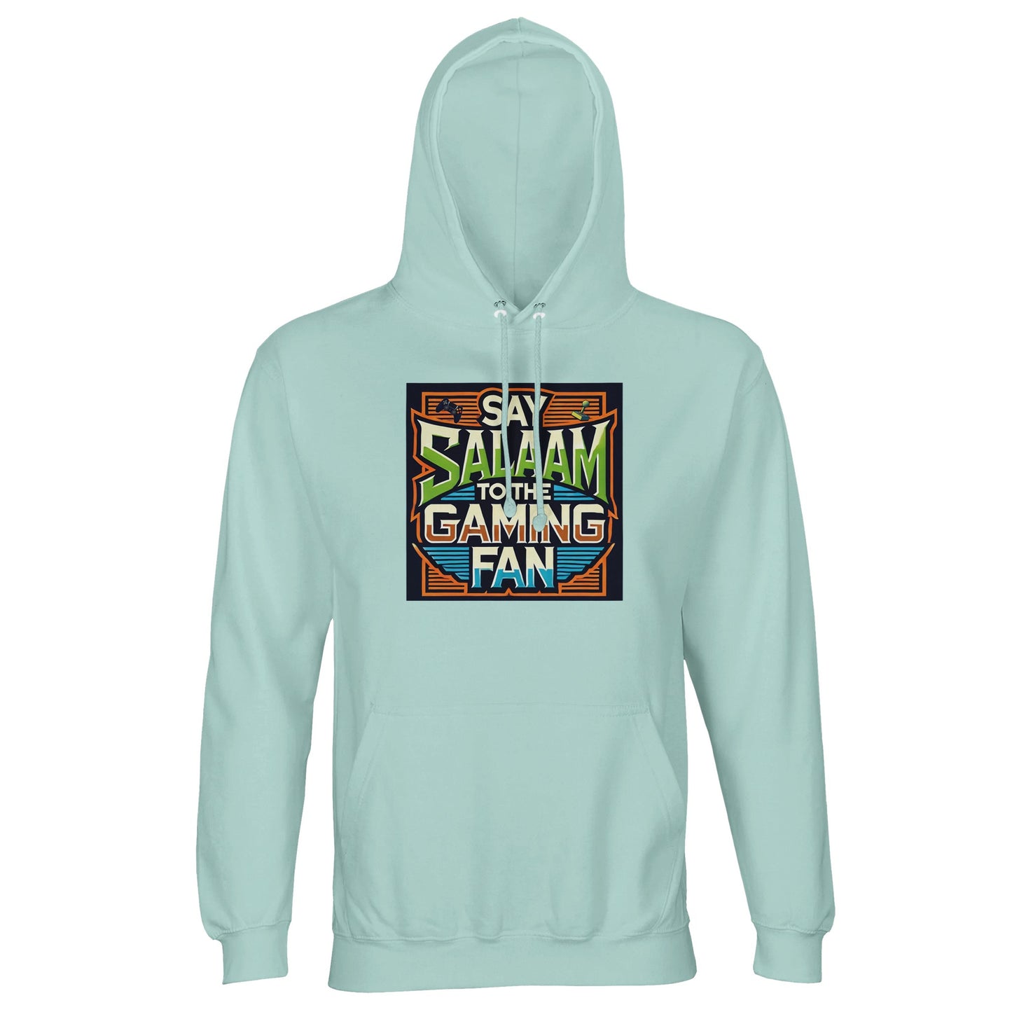 Arctic Blue / Cadet Blue Islamic unisex hoodie featuring Say Salaam to the Gaming Fan Design #1 graphic. Muslim gaming streetwear built from 80% cotton and 20% recycled polyester with brushed fleece lining and structured 280gsm feel. Sustainable modest hoodie for esports stages, console battles, PC streaming setups and Muslim community events. Unites Islamic identity and gaming culture, created for players who begin matches with salaam across online and offline worlds.