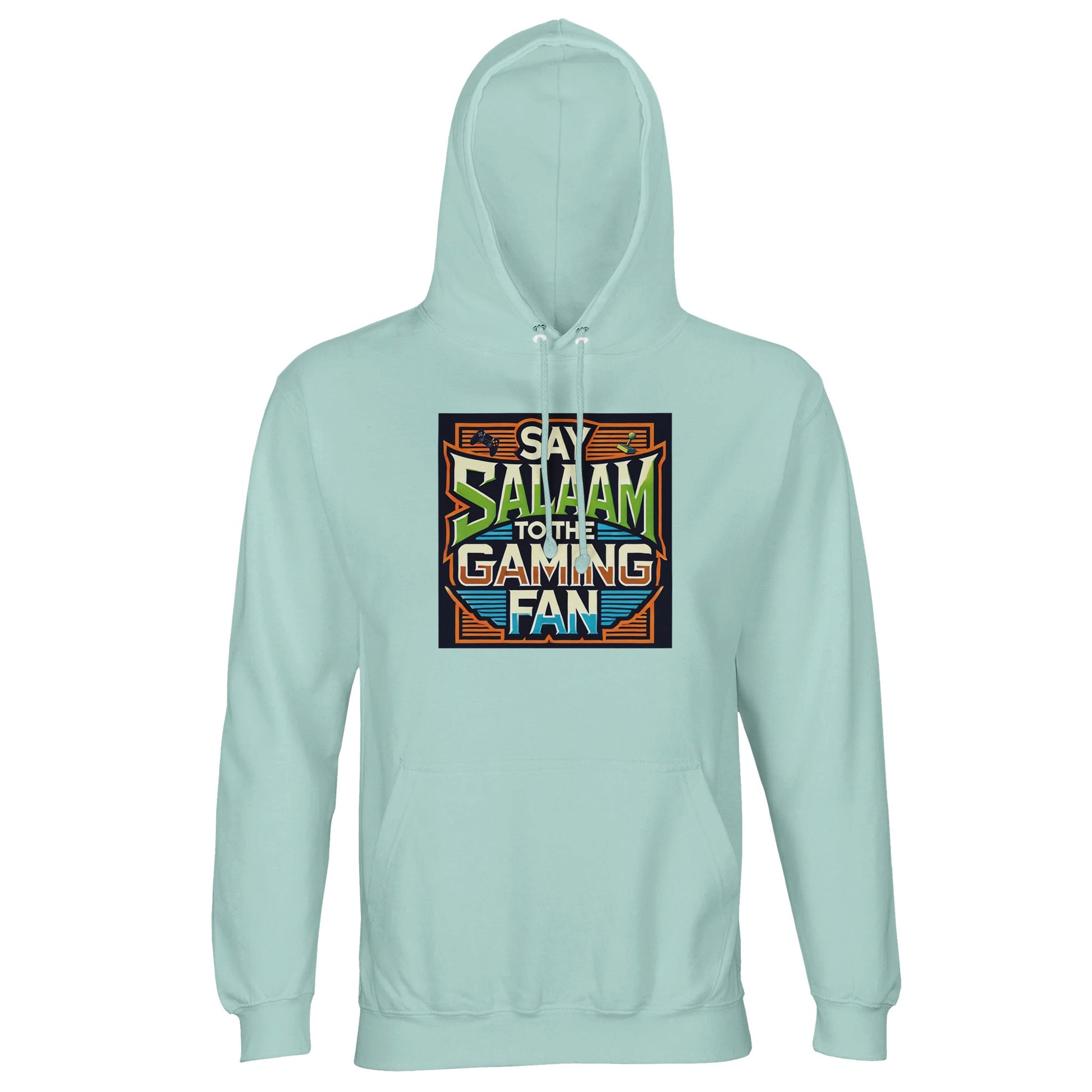 Arctic Blue / Cadet Blue Islamic unisex hoodie featuring Say Salaam to the Gaming Fan Design #1 graphic. Muslim gaming streetwear built from 80% cotton and 20% recycled polyester with brushed fleece lining and structured 280gsm feel. Sustainable modest hoodie for esports stages, console battles, PC streaming setups and Muslim community events. Unites Islamic identity and gaming culture, created for players who begin matches with salaam across online and offline worlds.