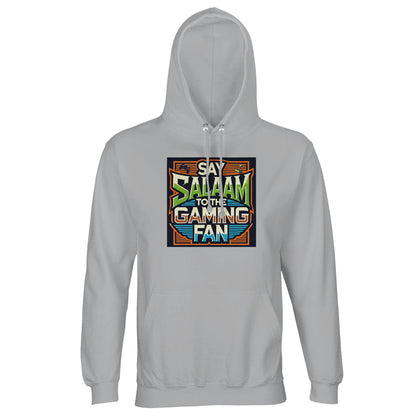Ash / Silver Chalice Islamic unisex hoodie featuring Say Salaam to the Gaming Fan Design #1 graphic. Muslim gaming streetwear crafted from 80% cotton and 20% recycled polyester with brushed fleece lining and structured 280gsm weight. Sustainable modest hoodie designed for esports tournaments, console gaming, PC streaming and Muslim youth events. Blends Islamic identity with competitive gaming culture, ideal for players who greet with salaam in online lobbies, LAN parties and offline tournaments.