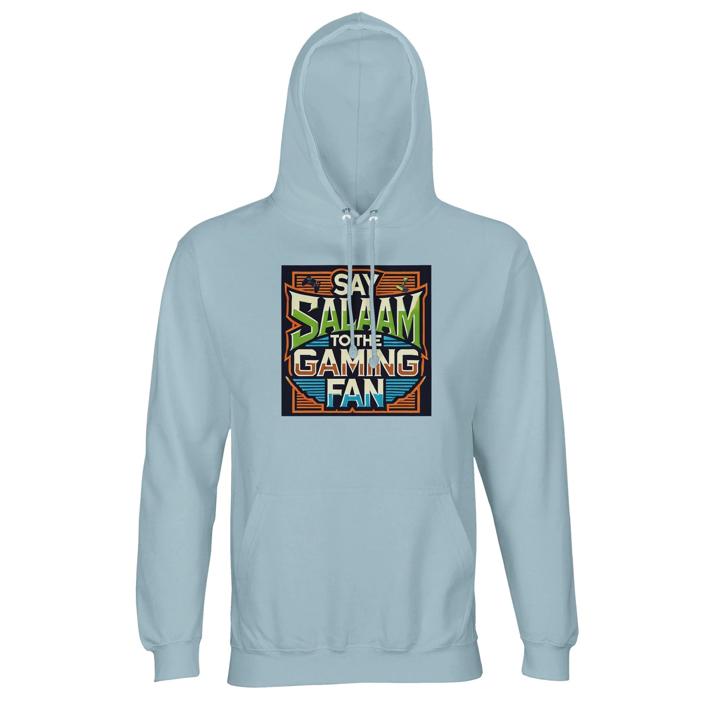 Blue / Marble Blue / Blue-Grey / Waikawa Grey Islamic unisex hoodie featuring Say Salaam to the Gaming Fan Design #1 graphic. Muslim gaming streetwear crafted from 80% cotton and 20% recycled polyester with soft brushed fleece and durable 280gsm construction. Sustainable modest hoodie suited to esports tournaments, console gaming and PC streaming environments. Reflects Islamic identity within gaming culture, made for Muslim gamers who greet opponents with salaam in every arena.