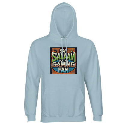 Blue / Marble Blue / Blue-Grey / Waikawa Grey Islamic unisex hoodie featuring Say Salaam to the Gaming Fan Design #1 graphic. Muslim gaming streetwear crafted from 80% cotton and 20% recycled polyester with soft brushed fleece and durable 280gsm construction. Sustainable modest hoodie suited to esports tournaments, console gaming and PC streaming environments. Reflects Islamic identity within gaming culture, made for Muslim gamers who greet opponents with salaam in every arena.