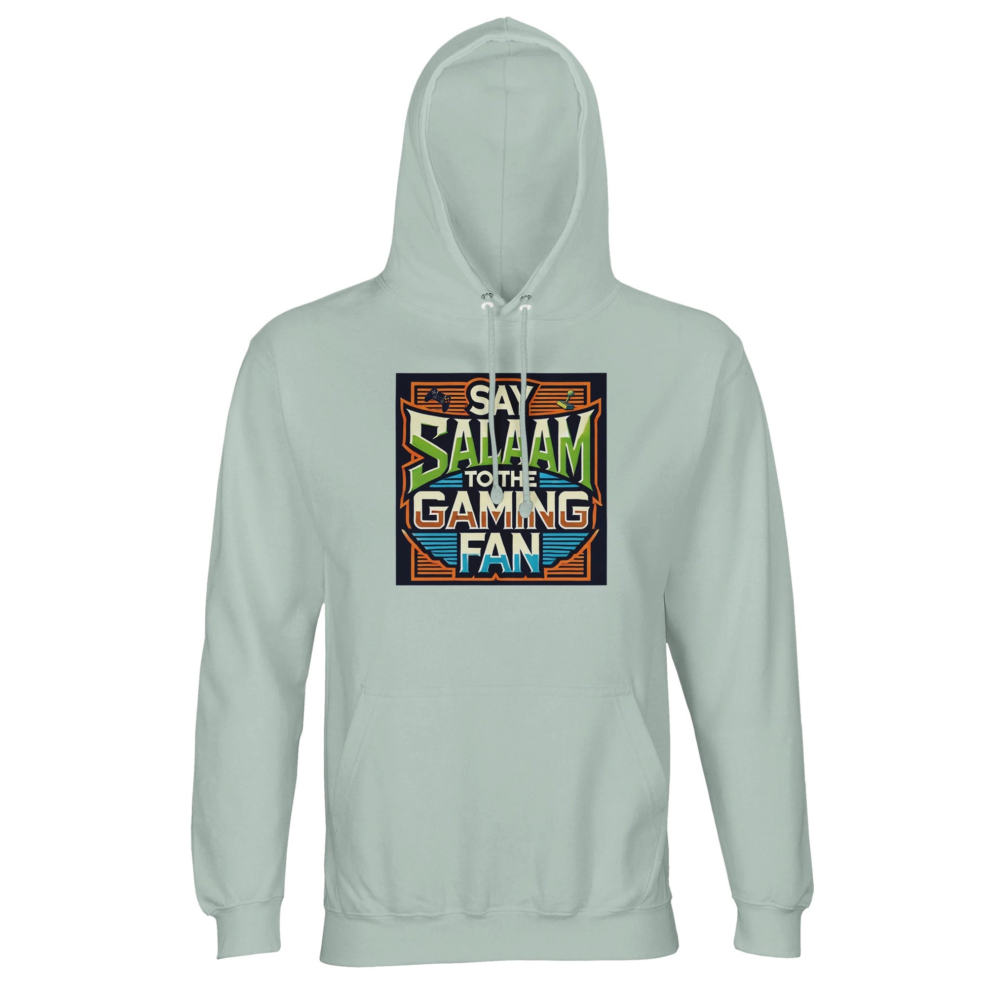 Creamy Green / Greenish Grey Islamic unisex hoodie featuring Say Salaam to the Gaming Fan Design #1 graphic. Muslim gaming apparel designed from 80% cotton and 20% recycled polyester with warm brushed fleece lining and sturdy 280gsm weight. Sustainable modest hoodie for esports competitions, console sessions and PC streaming. Celebrates Islamic identity in gaming culture, ideal for Muslim players who greet fellow gamers with salaam online and offline.