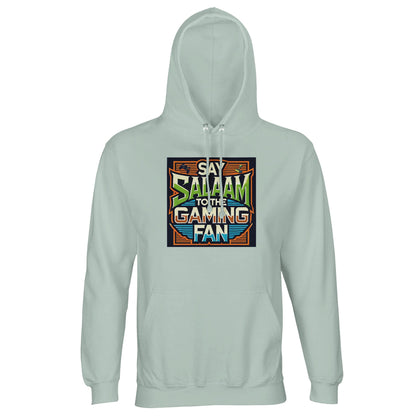 Creamy Green / Greenish Grey Islamic unisex hoodie featuring Say Salaam to the Gaming Fan Design #1 graphic. Muslim gaming apparel designed from 80% cotton and 20% recycled polyester with warm brushed fleece lining and sturdy 280gsm weight. Sustainable modest hoodie for esports competitions, console sessions and PC streaming. Celebrates Islamic identity in gaming culture, ideal for Muslim players who greet fellow gamers with salaam online and offline.