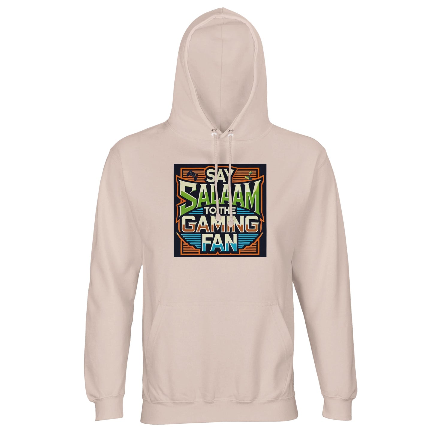 Creamy Pink / Oyster Pink Islamic unisex hoodie featuring Say Salaam to the Gaming Fan Design #1 graphic. Muslim gaming streetwear made from 80% cotton and 20% recycled polyester with brushed fleece comfort and durable 280gsm fabric. Sustainable modest hoodie perfect for esports tournaments, console gaming, PC streaming and youth gatherings. Expresses Islamic identity through gaming culture, designed for gamers who open conversations and matches with salaam.