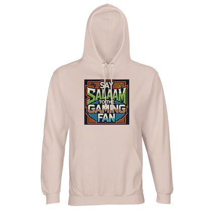 Creamy Pink / Oyster Pink Islamic unisex hoodie featuring Say Salaam to the Gaming Fan Design #1 graphic. Muslim gaming streetwear made from 80% cotton and 20% recycled polyester with brushed fleece comfort and durable 280gsm fabric. Sustainable modest hoodie perfect for esports tournaments, console gaming, PC streaming and youth gatherings. Expresses Islamic identity through gaming culture, designed for gamers who open conversations and matches with salaam.