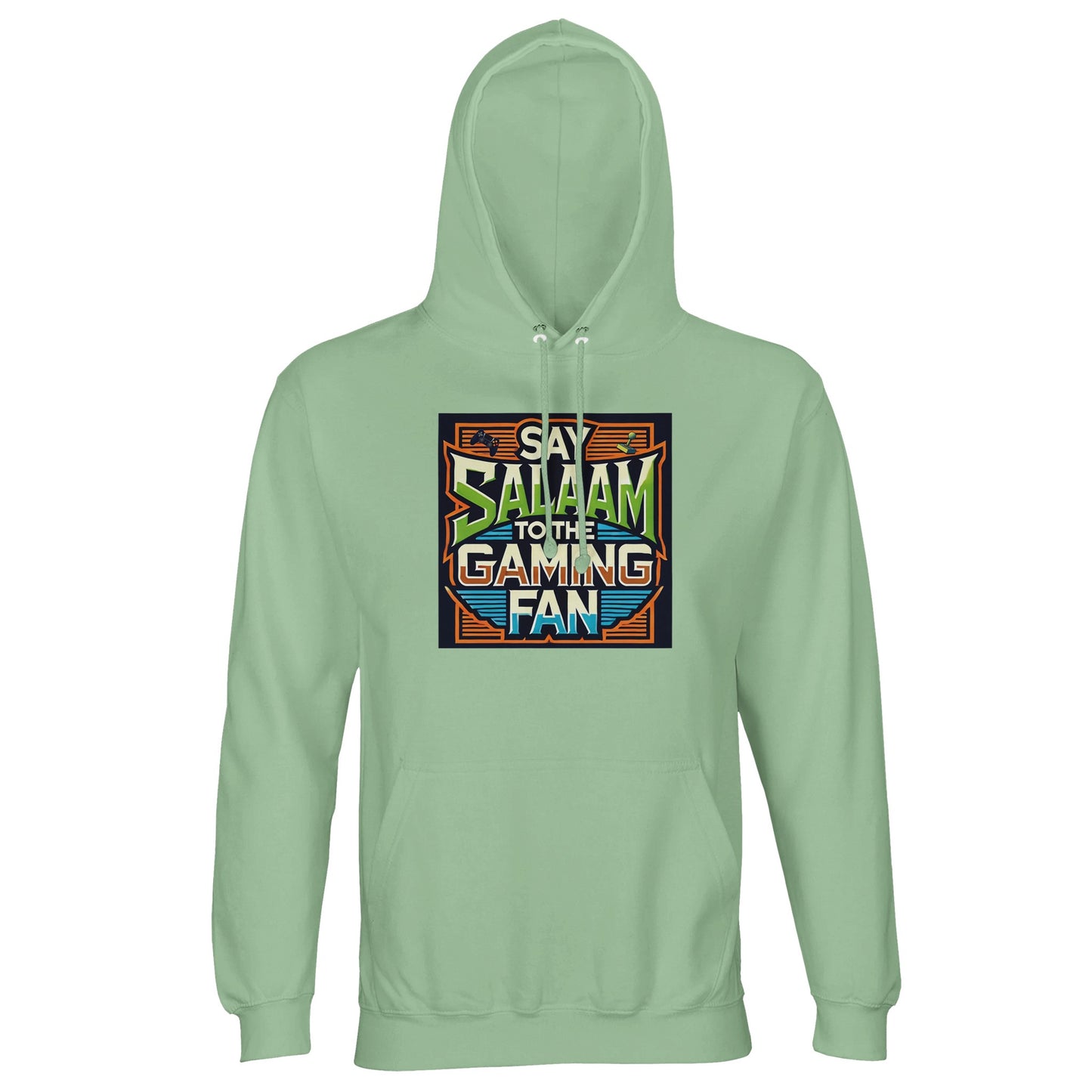Frozen Green / Opal Islamic unisex hoodie featuring Say Salaam to the Gaming Fan Design #1 graphic. Muslim gaming streetwear crafted from 80% cotton and 20% recycled polyester with brushed fleece lining and substantial 280gsm build. Eco-conscious modest hoodie for esports stages, console play and PC streaming communities. Merges Islamic identity and gaming culture, created for Muslim gamers who greet teammates and rivals with salaam in digital and real spaces.