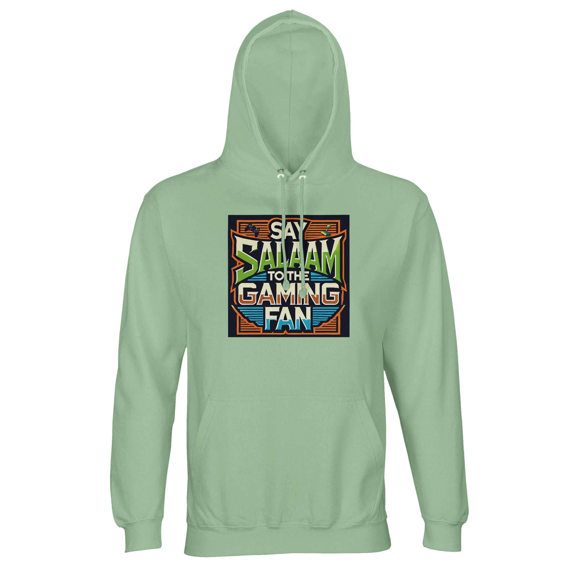 Frozen Green / Opal Islamic unisex hoodie featuring Say Salaam to the Gaming Fan Design #1 graphic. Muslim gaming streetwear crafted from 80% cotton and 20% recycled polyester with brushed fleece lining and substantial 280gsm build. Eco-conscious modest hoodie for esports stages, console play and PC streaming communities. Merges Islamic identity and gaming culture, created for Muslim gamers who greet teammates and rivals with salaam in digital and real spaces.