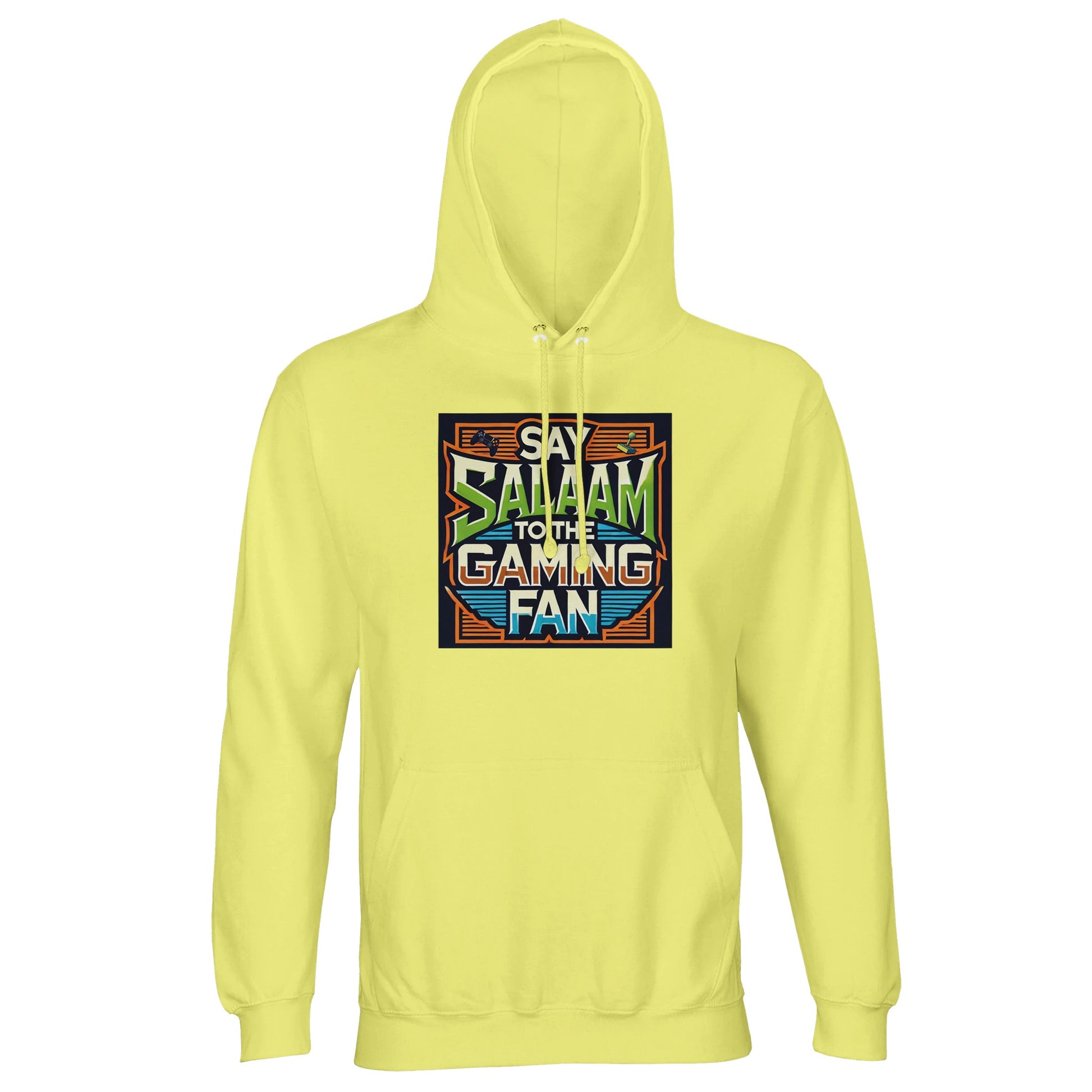 Light Yellow / Lemon Chiffon Islamic unisex hoodie featuring Say Salaam to the Gaming Fan Design #1 graphic. Muslim gaming apparel crafted from 80% cotton and 20% recycled polyester with warm brushed fleece lining and substantial 280gsm structure. Eco-conscious modest hoodie for esports events, console gaming, PC setups and youth Islamic gatherings. Expresses Muslim identity within gaming culture, made for players who greet competitors with salaam in digital and real-world arenas.