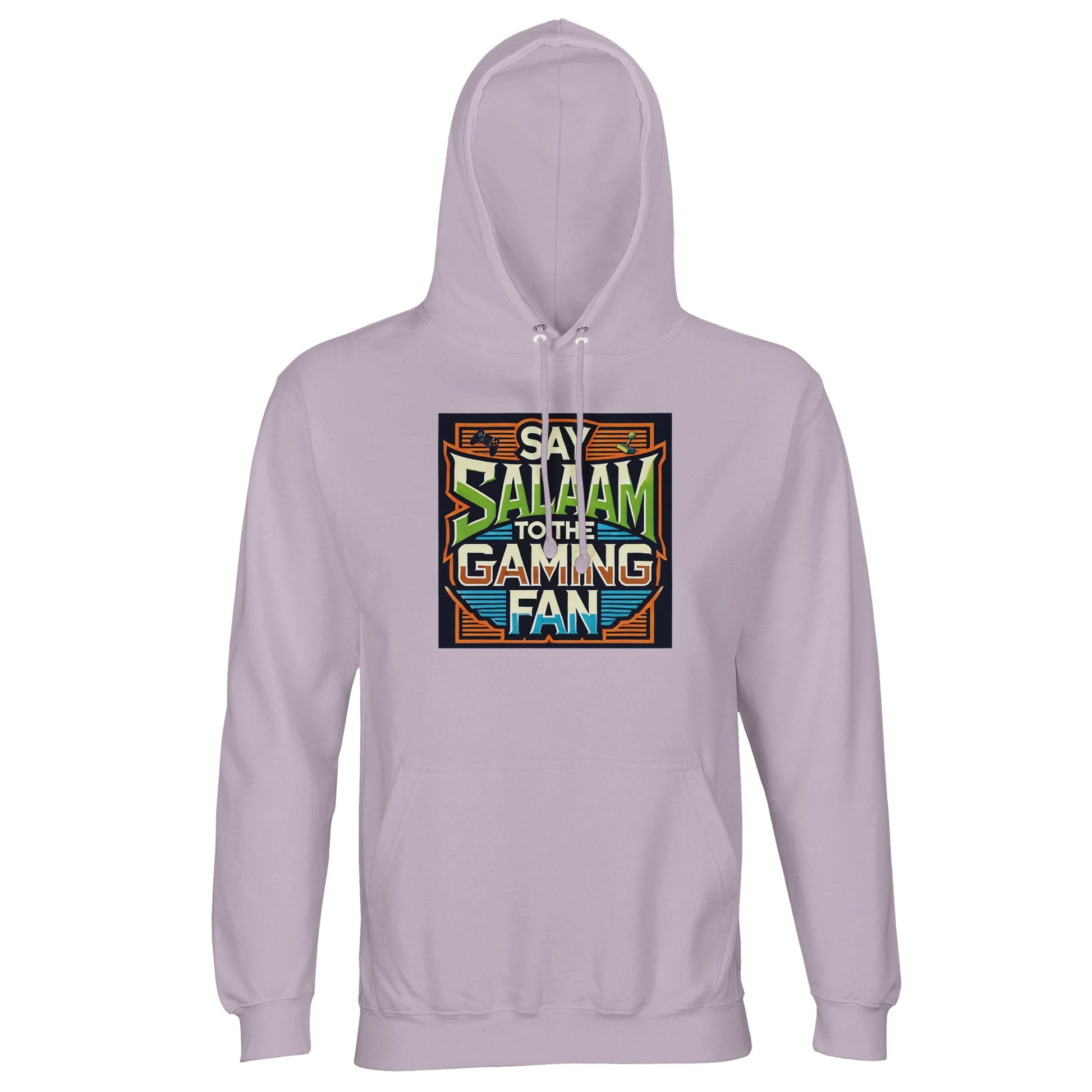 Lilak / Lilac / Wisteria Purple Islamic unisex hoodie featuring Say Salaam to the Gaming Fan Design #1 graphic. Muslim gaming apparel made from 80% cotton and 20% recycled polyester with soft brushed fleece and durable 280gsm structure. Sustainable modest hoodie ideal for esports tournaments, console gaming sessions and PC streaming setups. Highlights Islamic identity within gaming culture, suited to Muslim players who greet every match with salaam.