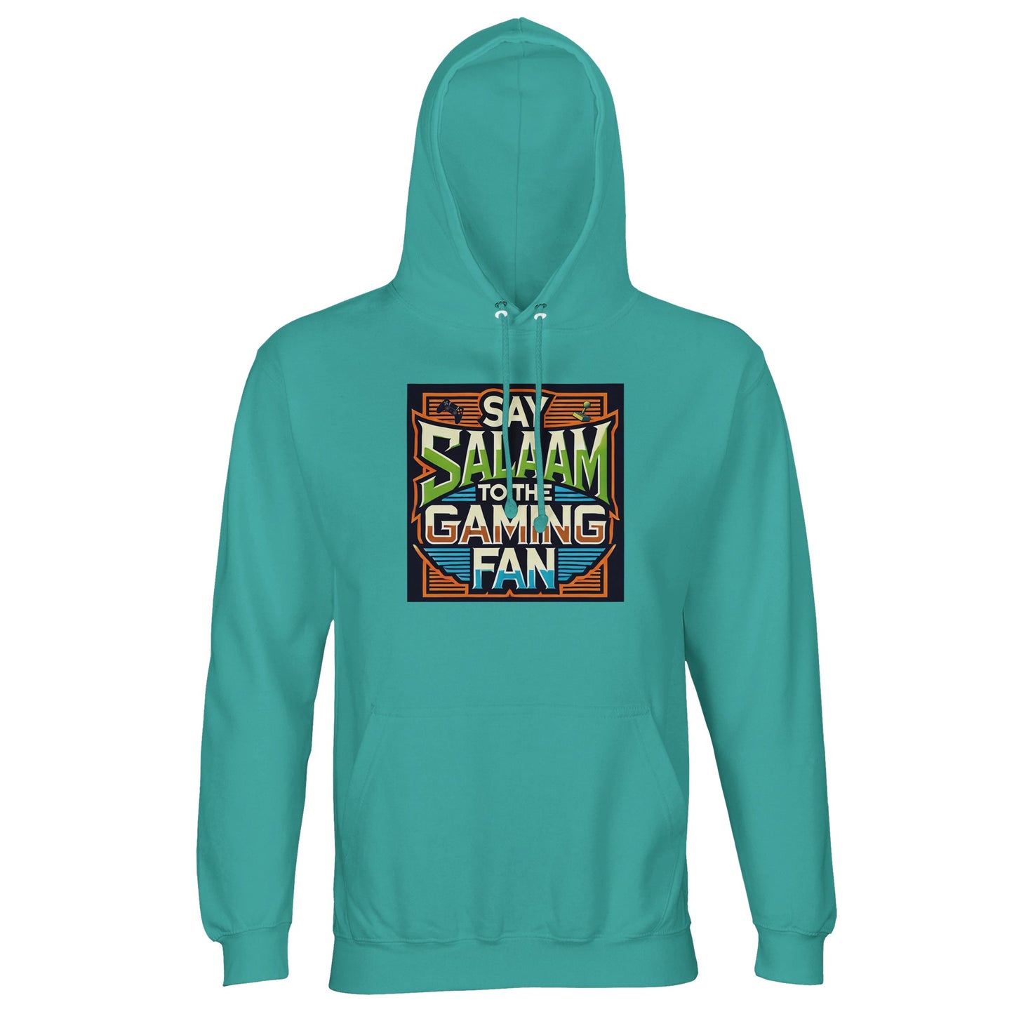 Pool Blue / Light Sea Green Islamic unisex hoodie featuring Say Salaam to the Gaming Fan Design #1 graphic. Muslim gaming streetwear constructed from 80% cotton and 20% recycled polyester with brushed fleece warmth and sturdy 280gsm weight. Sustainable modest hoodie for esports competitions, console gaming and PC streaming events. Blends Islamic identity with gaming culture, made for gamers who lead with salaam in online lobbies and offline tournaments.