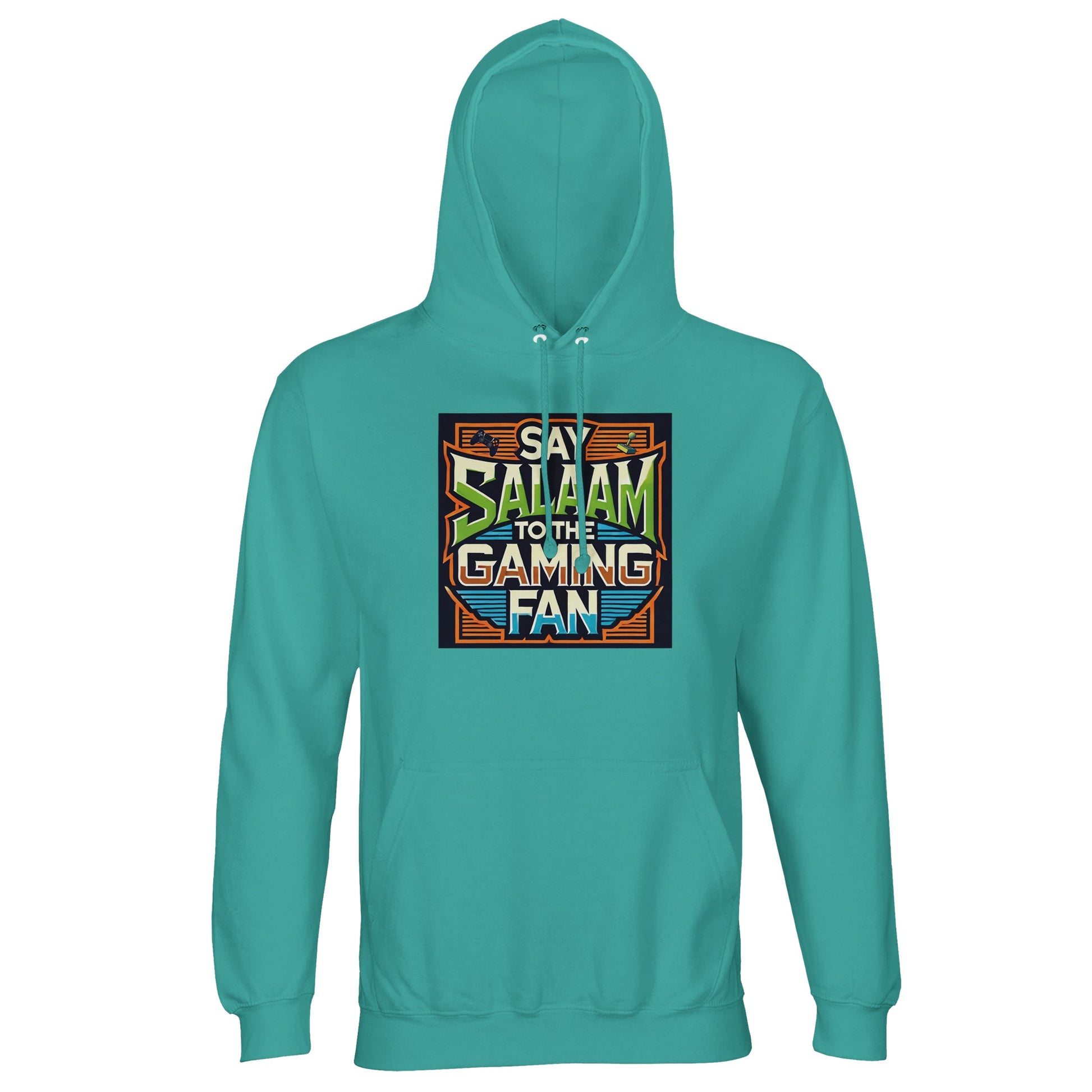 Pool Blue / Light Sea Green Islamic unisex hoodie featuring Say Salaam to the Gaming Fan Design #1 graphic. Muslim gaming streetwear constructed from 80% cotton and 20% recycled polyester with brushed fleece warmth and sturdy 280gsm weight. Sustainable modest hoodie for esports competitions, console gaming and PC streaming events. Blends Islamic identity with gaming culture, made for gamers who lead with salaam in online lobbies and offline tournaments.