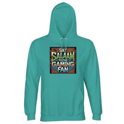 Pool Blue / Light Sea Green Islamic unisex hoodie featuring Say Salaam to the Gaming Fan Design #1 graphic. Muslim gaming streetwear constructed from 80% cotton and 20% recycled polyester with brushed fleece warmth and sturdy 280gsm weight. Sustainable modest hoodie for esports competitions, console gaming and PC streaming events. Blends Islamic identity with gaming culture, made for gamers who lead with salaam in online lobbies and offline tournaments.