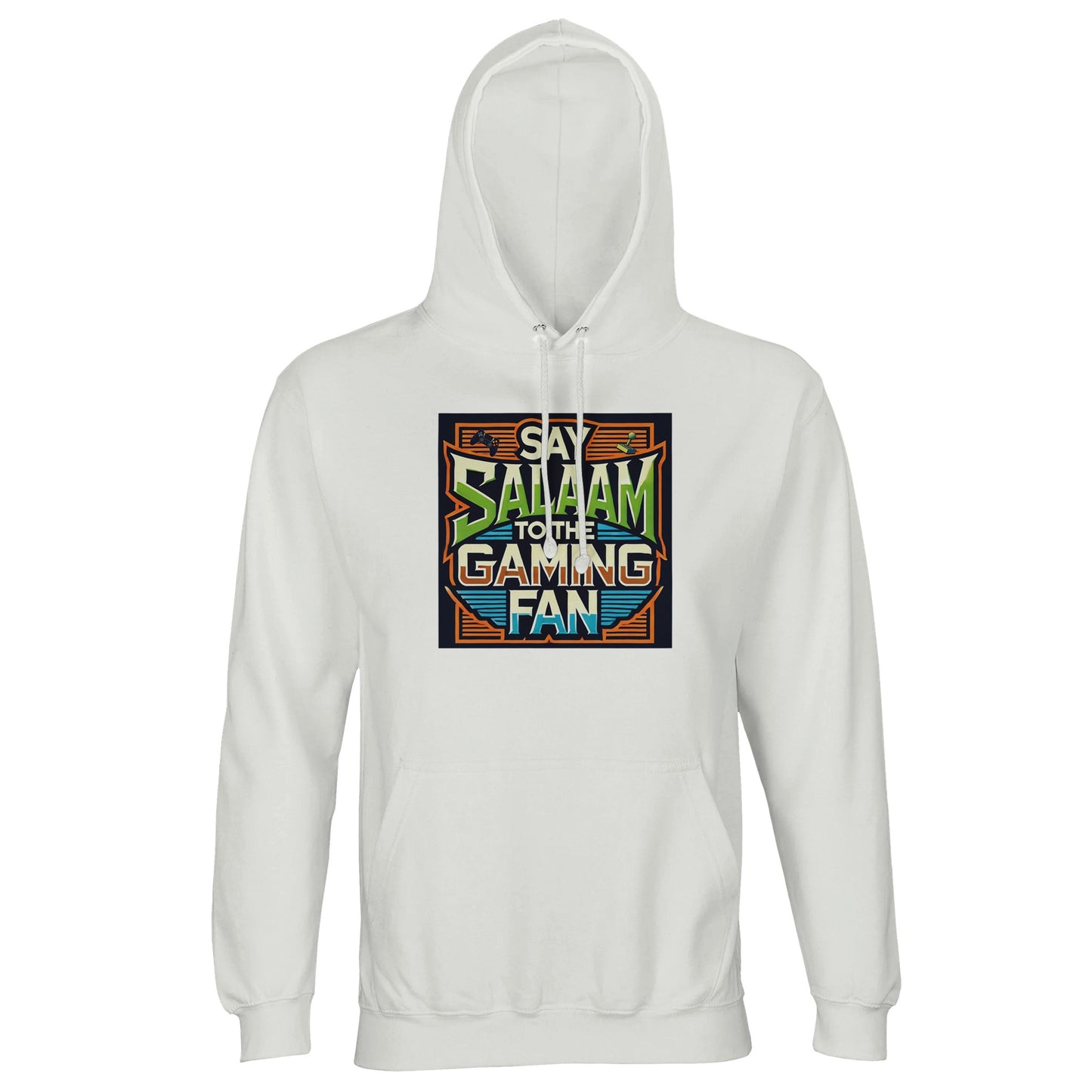 White / Platinum Islamic unisex hoodie featuring Say Salaam to the Gaming Fan Design #1 graphic. Muslim gaming streetwear produced from 80% cotton and 20% recycled polyester with brushed fleece comfort and strong 280gsm fabric weight. Sustainable modest hoodie ideal for esports tournaments, console marathons, PC streaming and Islamic youth meetups. Represents Muslim identity in gaming spaces, designed for gamers who lead with salaam in online chats and offline competitions.