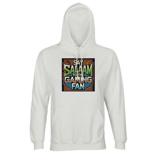 White / Platinum Islamic unisex hoodie featuring Say Salaam to the Gaming Fan Design #1 graphic. Muslim gaming streetwear produced from 80% cotton and 20% recycled polyester with brushed fleece comfort and strong 280gsm fabric weight. Sustainable modest hoodie ideal for esports tournaments, console marathons, PC streaming and Islamic youth meetups. Represents Muslim identity in gaming spaces, designed for gamers who lead with salaam in online chats and offline competitions.