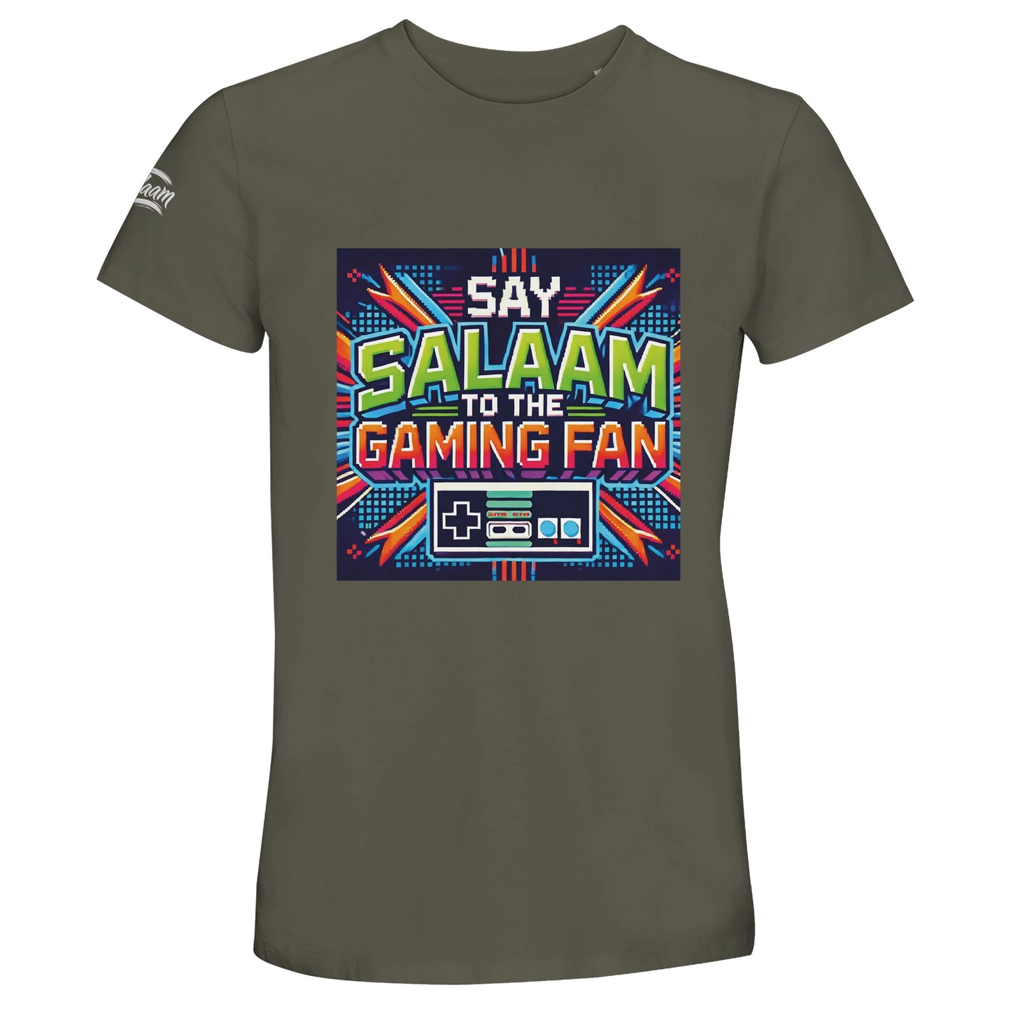Army / Fuscous Grey Islamic unisex 50% recycled cotton T-shirt featuring Say Salaam to the Gaming Fan Design #2 print. Muslim gaming apparel crafted from 100% cotton (50% recycled cotton – 50% cotton) delivering breathable comfort and durable everyday wear. Modest sustainable streetwear ideal for competitive gaming, LAN events, console tournaments, PC streaming and Islamic youth meetups. Merges Islamic identity with esports culture for players who greet opponents with salaam.