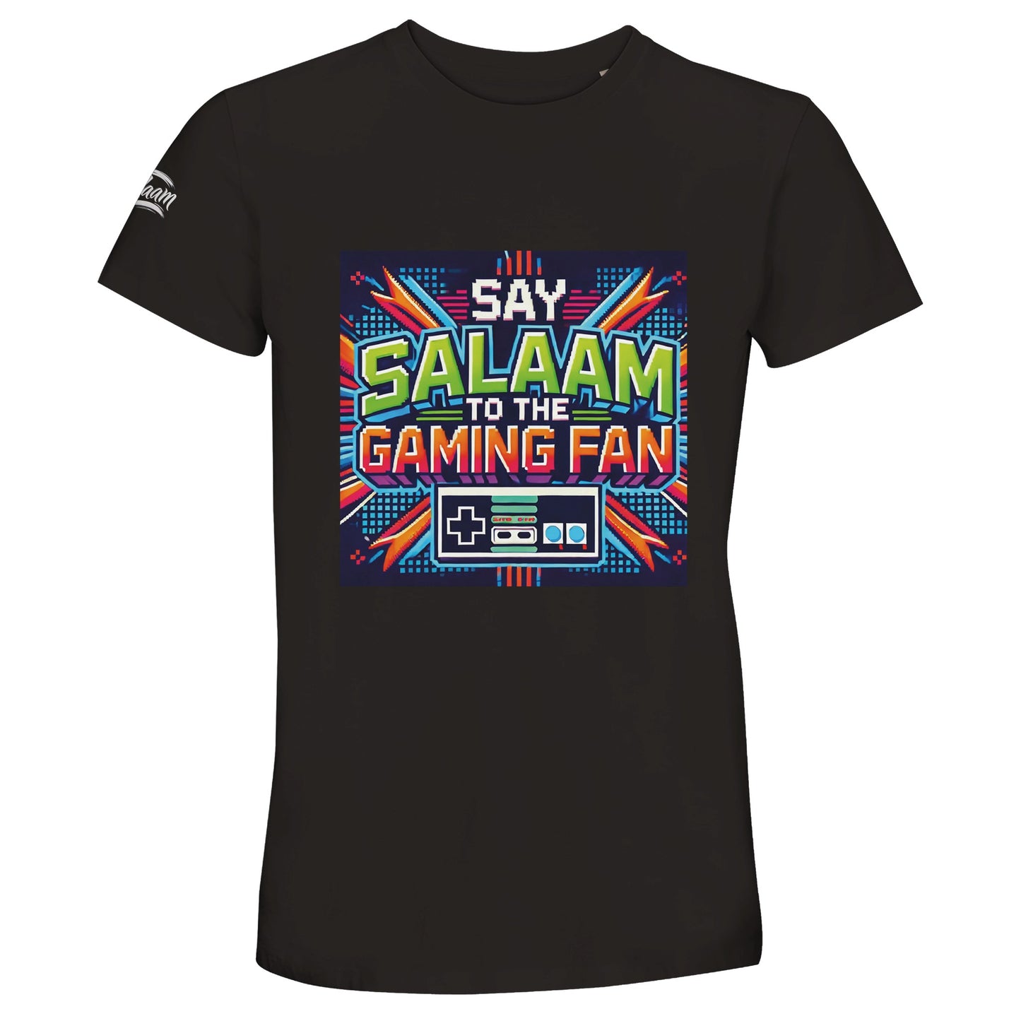 Deep Black / Zeus Islamic unisex 50% recycled cotton T-shirt showcasing Say Salaam to the Gaming Fan Design #2 graphic. Muslim gaming streetwear crafted from 100% cotton (50% recycled cotton – 50% cotton) with breathable softness and everyday durability. Modest sustainable T-shirt designed for esports competitions, online ranked matches, LAN events, Islamic youth gatherings and community gaming tournaments. Represents Islamic identity and esports culture united through salaam.
