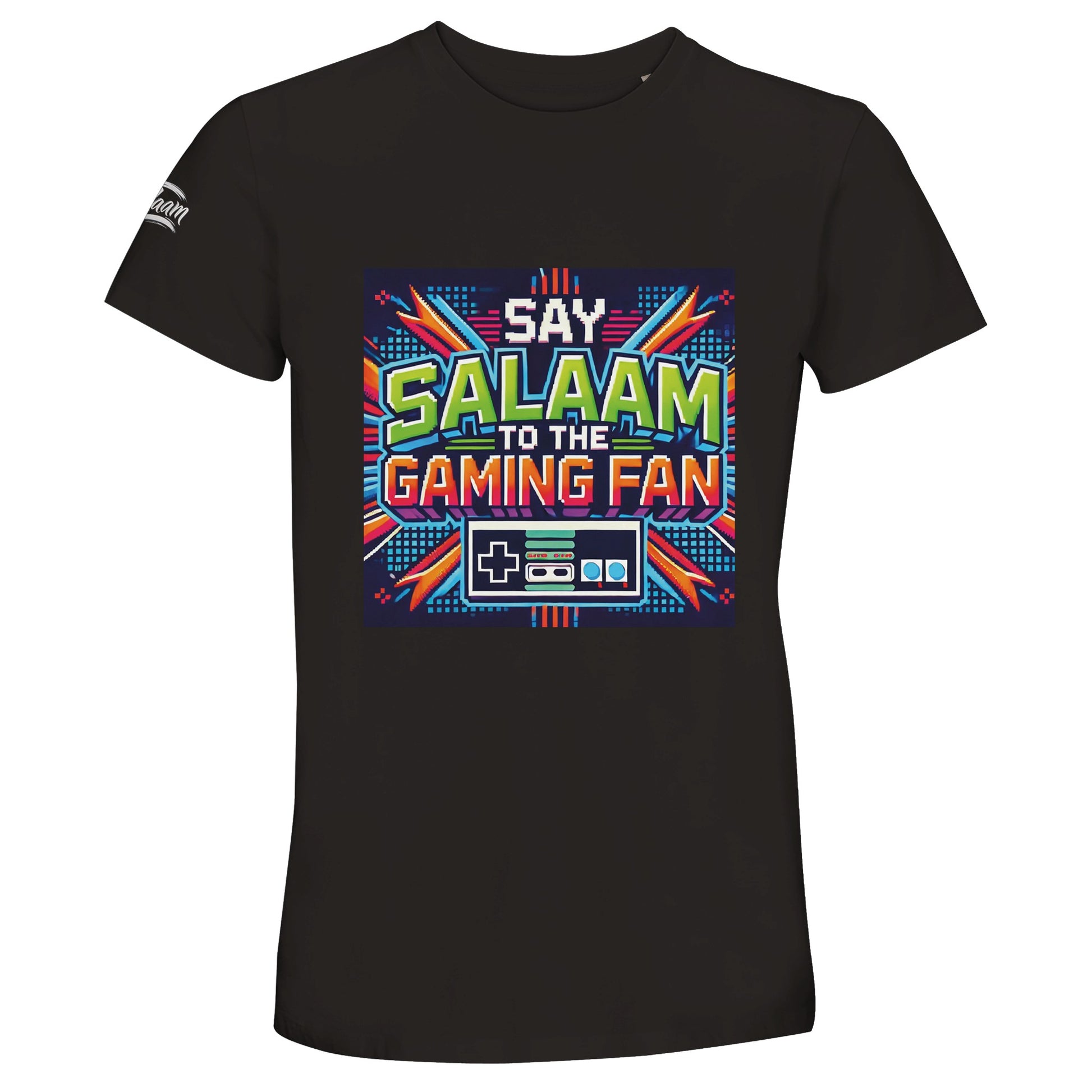Deep Black / Zeus Islamic unisex 50% recycled cotton T-shirt showcasing Say Salaam to the Gaming Fan Design #2 graphic. Muslim gaming streetwear crafted from 100% cotton (50% recycled cotton – 50% cotton) with breathable softness and everyday durability. Modest sustainable T-shirt designed for esports competitions, online ranked matches, LAN events, Islamic youth gatherings and community gaming tournaments. Represents Islamic identity and esports culture united through salaam.