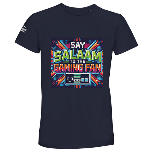 French Navy / Ebony Clay Islamic unisex 50% recycled cotton T-shirt displaying Say Salaam to the Gaming Fan Design #2 graphic. Muslim gaming streetwear produced from 100% cotton (50% recycled cotton – 50% cotton) with soft breathable finish and classic short-sleeve structure. Ethical modest apparel suitable for esports competitions, gaming streams, Muslim student societies and community gatherings. Celebrates Islamic identity in modern gaming culture for players who lead with salaam.