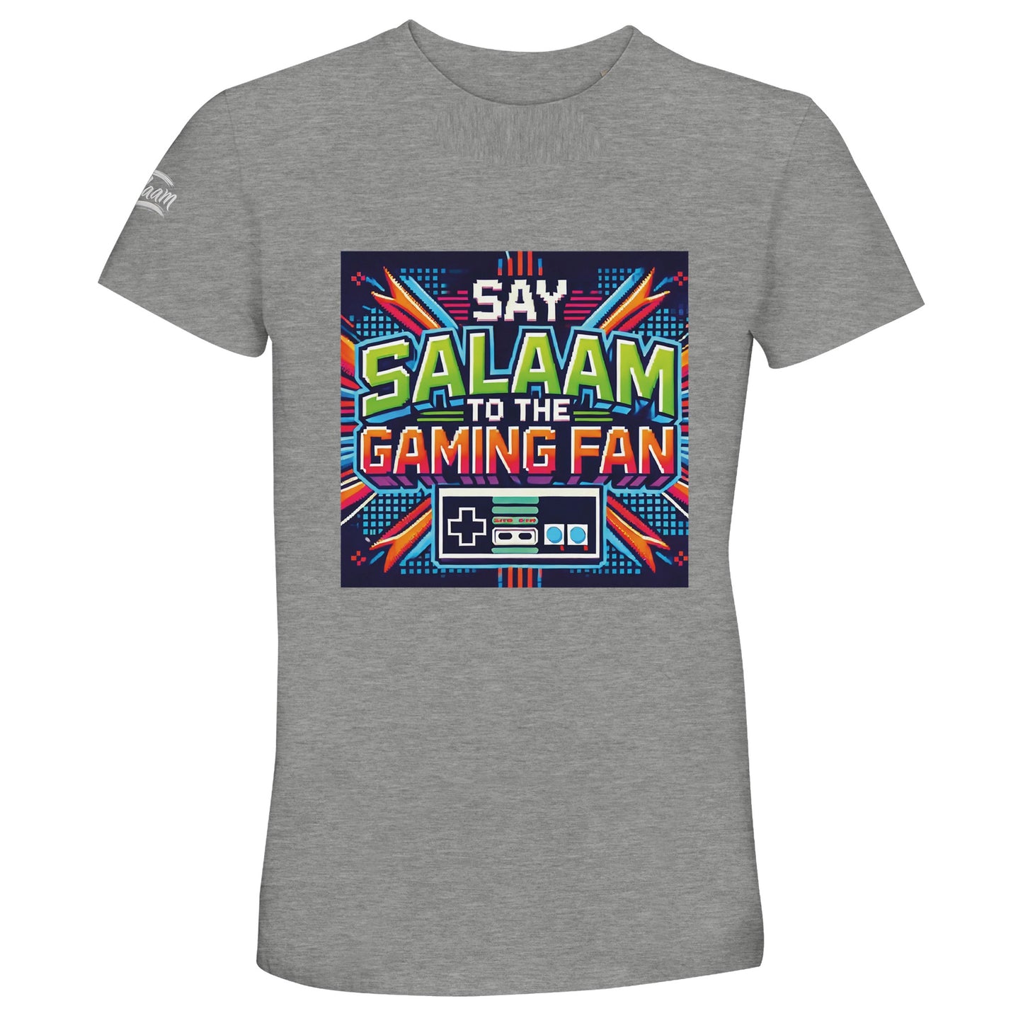 Grey Melange / Heather Grey / Marl Grey / Classic Athletic Grey Blend Islamic unisex 50% recycled cotton T-shirt showcasing Say Salaam to the Gaming Fan Design #2 graphic with a Nintendo controller. Muslim gaming streetwear made from 100% cotton with soft breathable texture and structured crew neck cut. Sustainable modest T-shirt for esports tournaments, gaming conventions, online ranked matches and Muslim youth events. Represents Islamic identity within modern gaming culture.