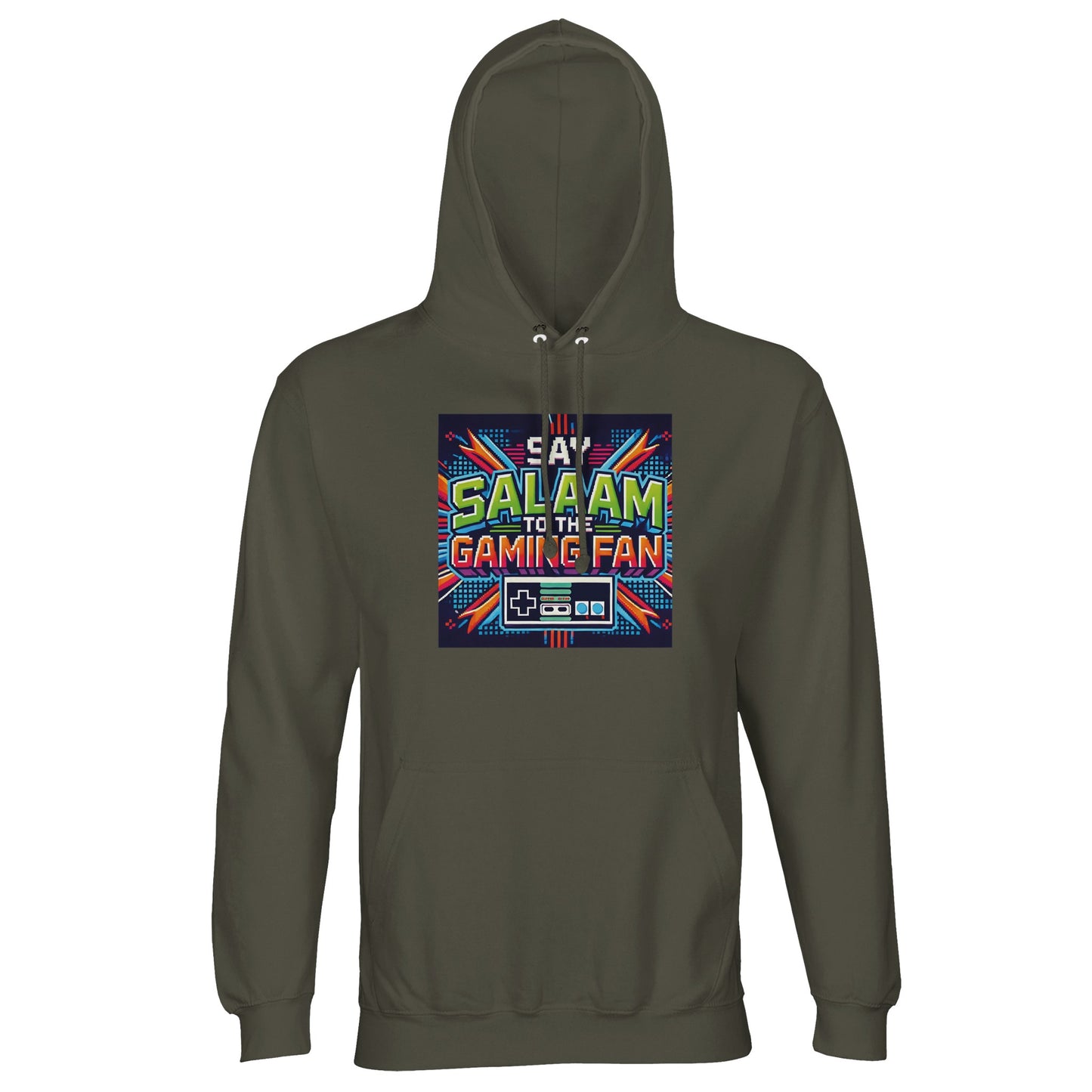 Army / Fuscous Grey hoodie displaying Say Salaam to the Gaming Fan Design #2, merging tactical tones with Islamic gamer identity. Designed for Muslim players who balance deen and digital life, this cotton-poly hoodie jumper features 80% cotton and 20% recycled polyester with brushed fleece lining for comfort. Ribbed cuffs and lined hood provide structure and warmth. Ideal for youth events, tournaments, mosque hangouts or daily wear. A modest gaming hoodie jumper at a good price, durable & statement-ready.