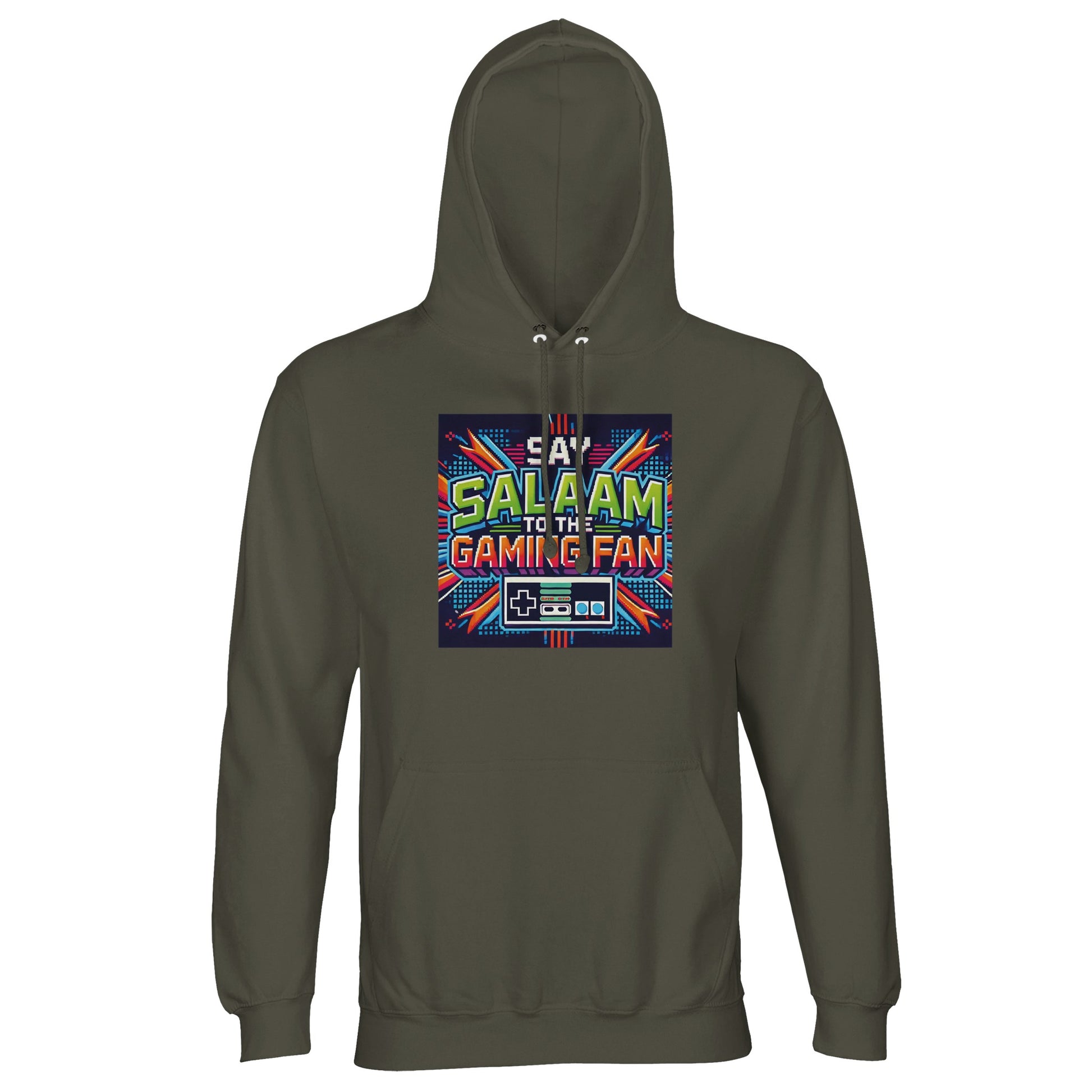 Army / Fuscous Grey hoodie displaying Say Salaam to the Gaming Fan Design #2, merging tactical tones with Islamic gamer identity. Designed for Muslim players who balance deen and digital life, this cotton-poly hoodie jumper features 80% cotton and 20% recycled polyester with brushed fleece lining for comfort. Ribbed cuffs and lined hood provide structure and warmth. Ideal for youth events, tournaments, mosque hangouts or daily wear. A modest gaming hoodie jumper at a good price, durable & statement-ready.