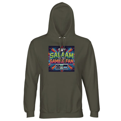 Army / Fuscous Grey hoodie displaying Say Salaam to the Gaming Fan Design #2, merging tactical tones with Islamic gamer identity. Designed for Muslim players who balance deen and digital life, this cotton-poly hoodie jumper features 80% cotton and 20% recycled polyester with brushed fleece lining for comfort. Ribbed cuffs and lined hood provide structure and warmth. Ideal for youth events, tournaments, mosque hangouts or daily wear. A modest gaming hoodie jumper at a good price, durable & statement-ready.