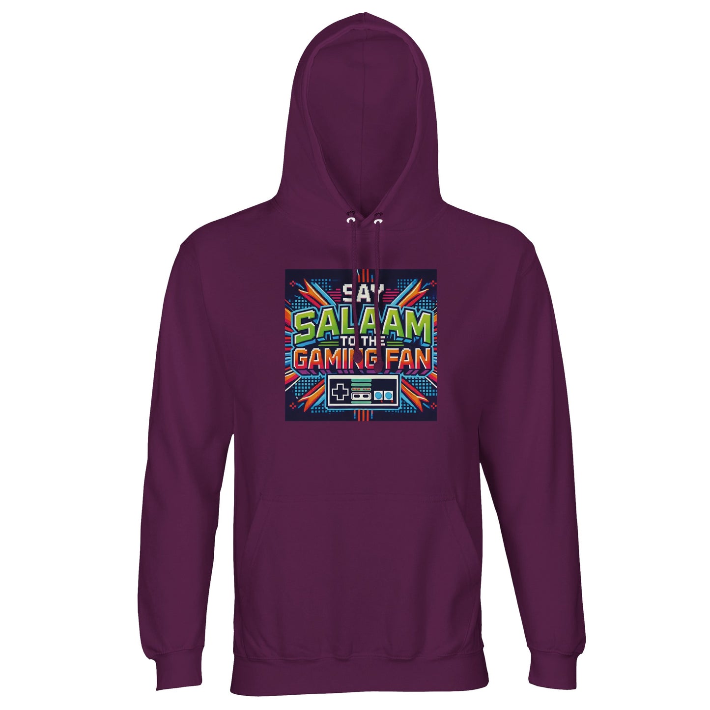 Astral Purple / Wine Berry / Reddish Magenta hoodie highlighting the Say Salaam to the Gaming Fan Design #2 artwork. Designed for Muslim and Islamic gamer culture, this cotton-poly hoodie jumper combines 80% cotton with 20% recycled polyester and brushed fleece lining for warmth and softness. Ideal for esports, school, masjid gatherings or modest street style. A distinctive Islamic gaming hoodie jumper at a good price, blending recycled fabric with vibrant Muslim identity.
