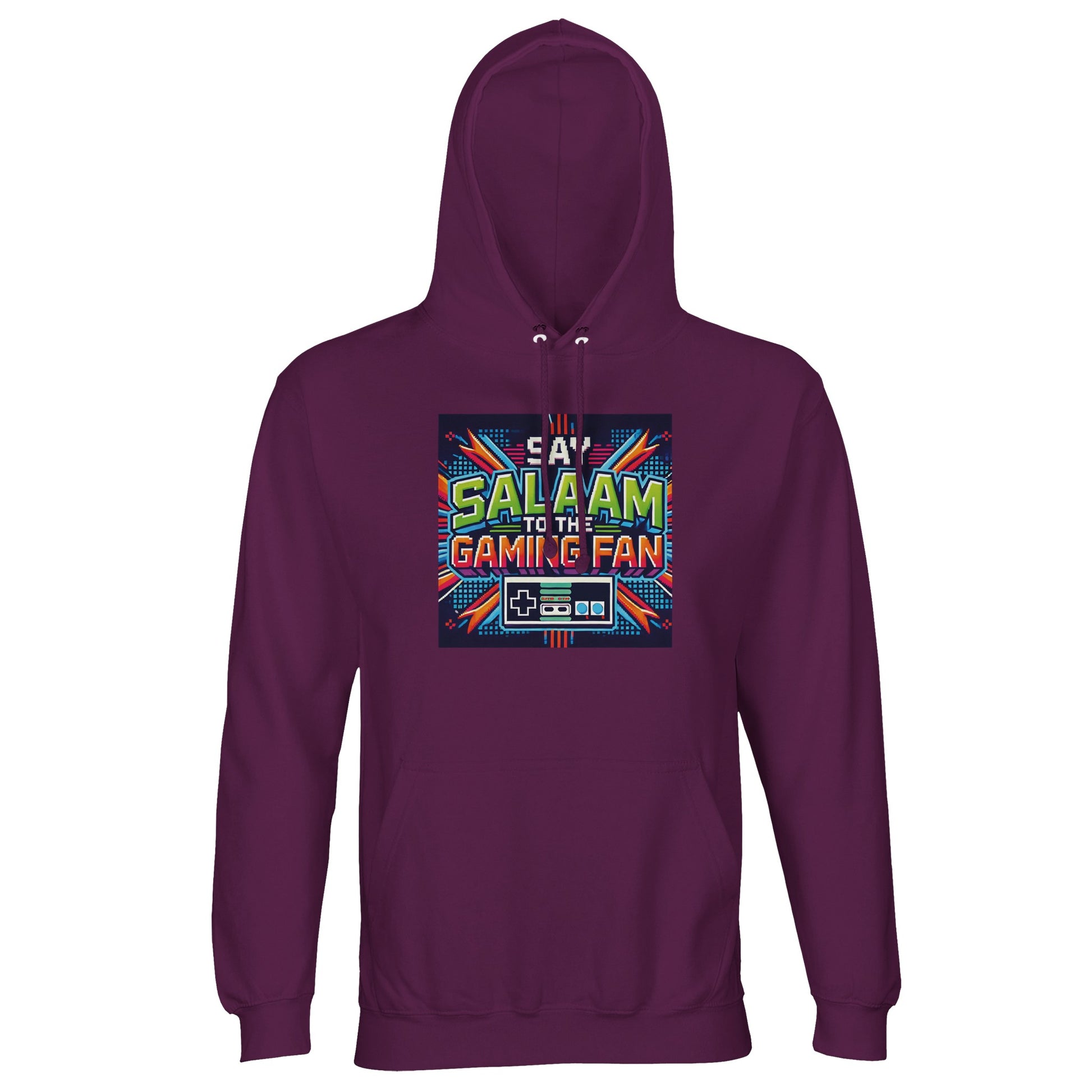 Astral Purple / Wine Berry / Reddish Magenta hoodie highlighting the Say Salaam to the Gaming Fan Design #2 artwork. Designed for Muslim and Islamic gamer culture, this cotton-poly hoodie jumper combines 80% cotton with 20% recycled polyester and brushed fleece lining for warmth and softness. Ideal for esports, school, masjid gatherings or modest street style. A distinctive Islamic gaming hoodie jumper at a good price, blending recycled fabric with vibrant Muslim identity.