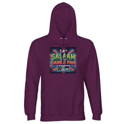 Astral Purple / Wine Berry / Reddish Magenta hoodie highlighting the Say Salaam to the Gaming Fan Design #2 artwork. Designed for Muslim and Islamic gamer culture, this cotton-poly hoodie jumper combines 80% cotton with 20% recycled polyester and brushed fleece lining for warmth and softness. Ideal for esports, school, masjid gatherings or modest street style. A distinctive Islamic gaming hoodie jumper at a good price, blending recycled fabric with vibrant Muslim identity.